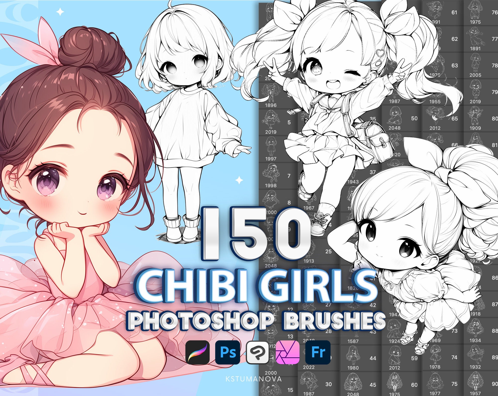 150 pinceles de poses chibi de chica para Photoshop, Procreate, CSP y Affinity | Set de sellos anime