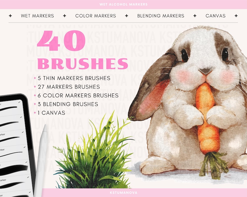 May include: A digital illustration of 40 brushes for use with a digital drawing tablet. The brushes are categorized as thin markers, markers, color markers, blending brushes, and canvas. The illustration also features a cute cartoon bunny holding a carrot and a patch of green grass.