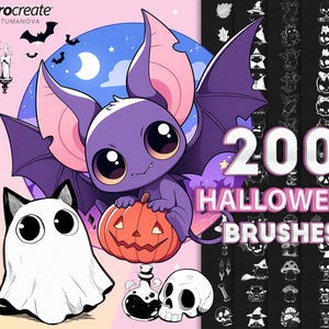 Procreate halloween brushes. Procreate spooky, ghost, bat, pumpkin, witch, skull, fly agaric stamps. Procreate chibi doodle brush stamp