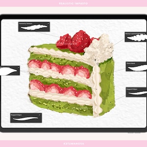 May include: Digital illustration of a slice of matcha cake with strawberries and cream, displayed on a tablet. The cake has green layers, red strawberries, and white cream. The image includes text labels for brush strokes.