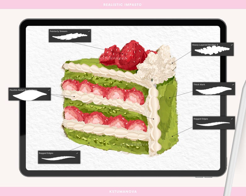 May include: Digital illustration of a slice of matcha cake with strawberries and cream, displayed on a tablet. The cake has green layers, red strawberries, and white cream. The image includes text labels for brush strokes.