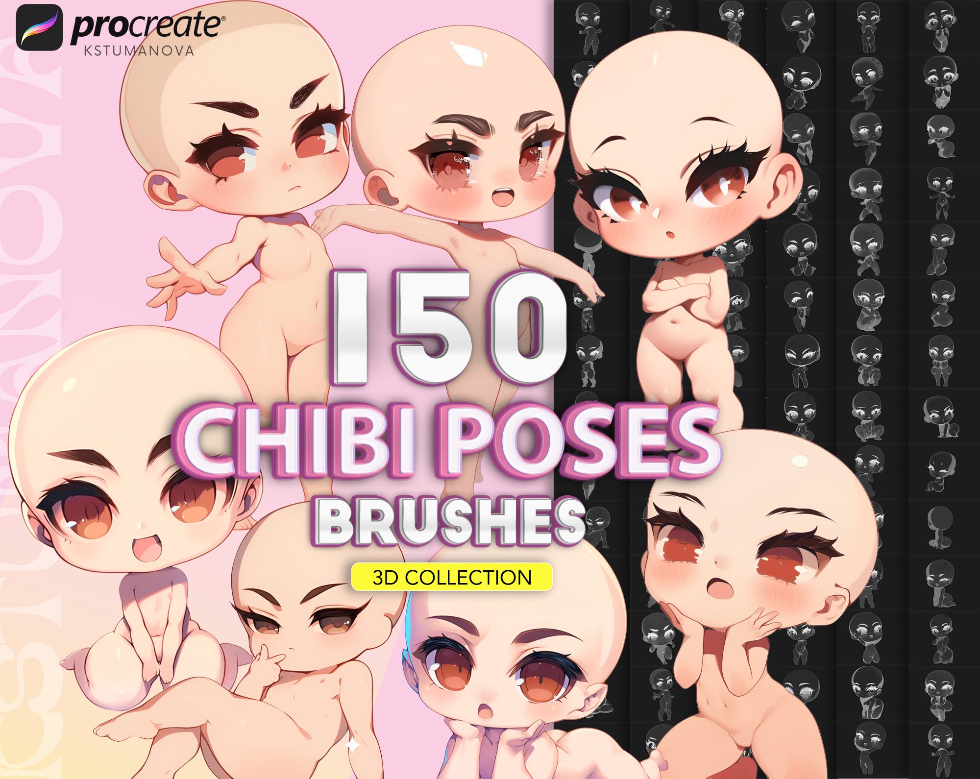 Procreate Chibi Base Brushes – 150 Anime Chibi Girl Body Pose Stamp Set for iPad