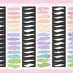 May include: A digital art graphic showcasing a variety of brush stroke styles. The image features a grid of brush strokes in various colors, including pink, beige, blue, and green, with descriptive text labels. The text "Realistic Impasto" and "Kstumonova" are also visible.
