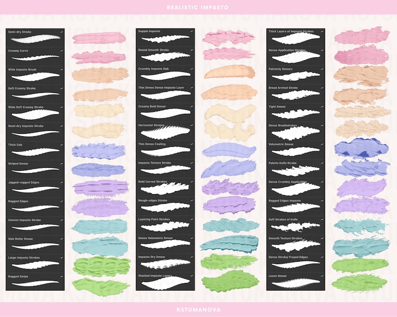 May include: A digital art graphic showcasing a variety of brush stroke styles. The image features a grid of brush strokes in various colors, including pink, beige, blue, and green, with descriptive text labels. The text "Realistic Impasto" and "Kstumonova" are also visible.