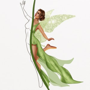 May include: A green fairy with brown hair and a green dress with glitter. She has wings with glitter and is flying.