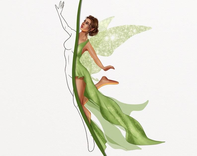 May include: A green fairy with brown hair and a green dress with glitter. She has wings with glitter and is flying.