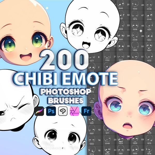 Photoshop chibi emote face brushes. Photoshop chibi anime heads brushset. Digital brushes, Clip Studio Paint, Affinity, Procreate face stamp