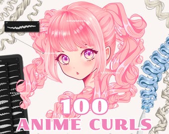 Procreate anime curly hair outline brushes. Procreate manga curls brushes. Procreate wavy hair brush. Procreate Chibi hairstyles brush stamp