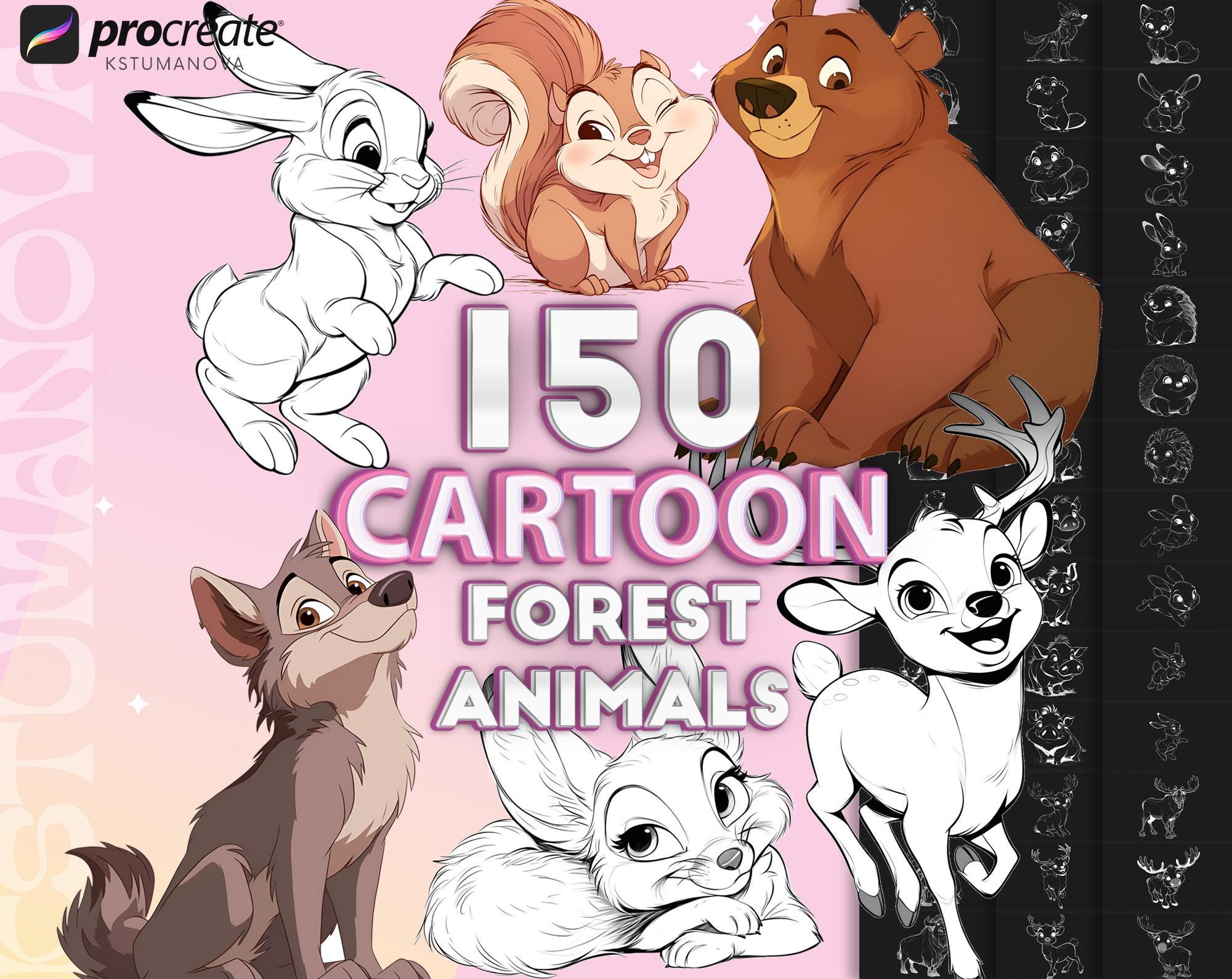 Procreate Set de pinceles de sellos de animales del bosque – 150 conejos, osos, zorros, ciervos y más