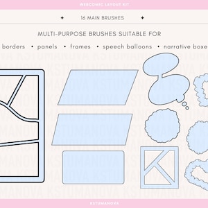 May include: A digital webcomic layout kit featuring 16 main brushes for borders, panels, frames, speech balloons, and narrative boxes. The image displays various light blue shapes including rectangular panels, a speech bubble, and decorative frames.