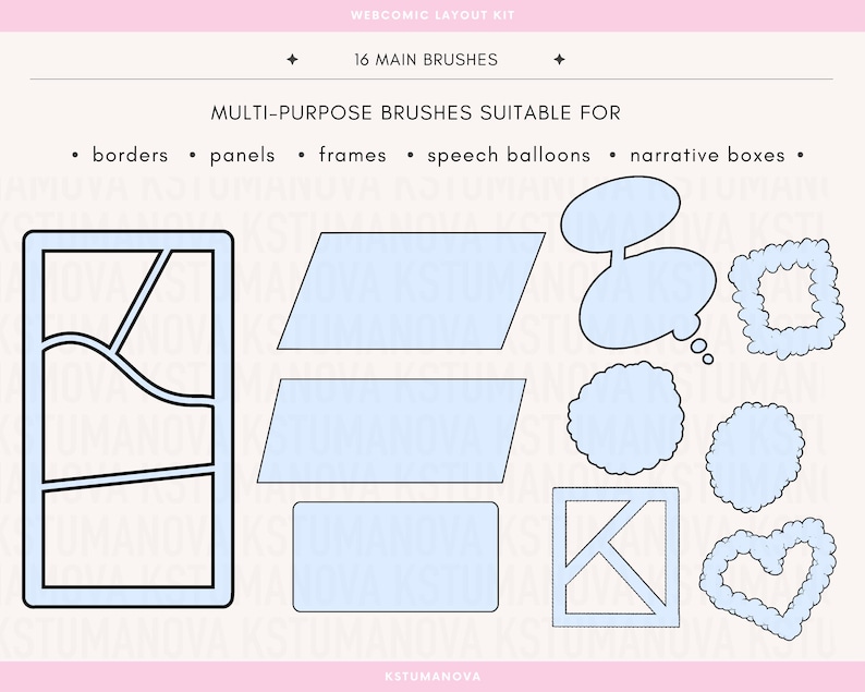 May include: A digital webcomic layout kit featuring 16 main brushes for borders, panels, frames, speech balloons, and narrative boxes. The image displays various light blue shapes including rectangular panels, a speech bubble, and decorative frames.