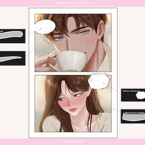 May include: A webcomic layout kit featuring two panels with illustrated characters. The top panel shows a person holding a white cup, with a rounded brush and regular tail speech bubble tool. The bottom panel shows a person with a balloon stamp and rectangular brush tool.