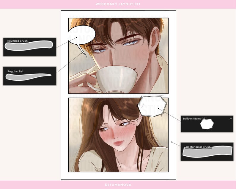 May include: A webcomic layout kit featuring two panels with illustrated characters. The top panel shows a person holding a white cup, with a rounded brush and regular tail speech bubble tool. The bottom panel shows a person with a balloon stamp and rectangular brush tool.