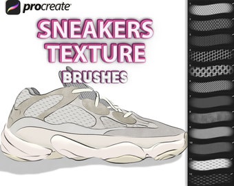 May include: A white sneaker with a gray mesh upper and a thick white sole. The image is labeled "Sneakers Texture Brushes" and shows 12 different textures for use in the Procreate app.