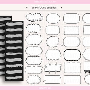 May include: A digital webcomic layout kit titled 51 Balloons Brushes by KSTUMANOVA. The image displays a collection of black and white speech and thought bubble outlines in various shapes, including clouds, rectangles, and jagged forms, alongside brush stroke samples on two black vertical panels.