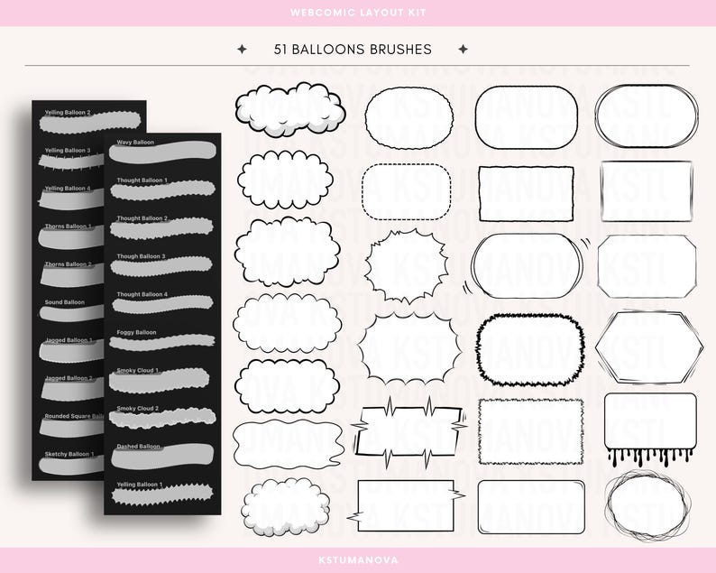 May include: A digital webcomic layout kit titled 51 Balloons Brushes by KSTUMANOVA. The image displays a collection of black and white speech and thought bubble outlines in various shapes, including clouds, rectangles, and jagged forms, alongside brush stroke samples on two black vertical panels.
