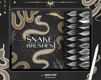 Puede incluir: Una ilustración digital de una serpiente con un contorno dorado sobre un fondo negro. El texto "SNAKE ONE-MOTION DRAWING BRUSHES" se muestra en el centro de la imagen. La imagen se muestra en la pantalla de una tableta con un lápiz óptico al lado.