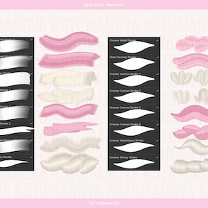 May include: Digital art brushes in various styles and colors. The image displays a collection of brush strokes, including straight, striped, flat, and border strokes. Colors include pink, white, and cream. The text "REALISTIC IMPASTO" and "KSTUMANOVA" are visible.