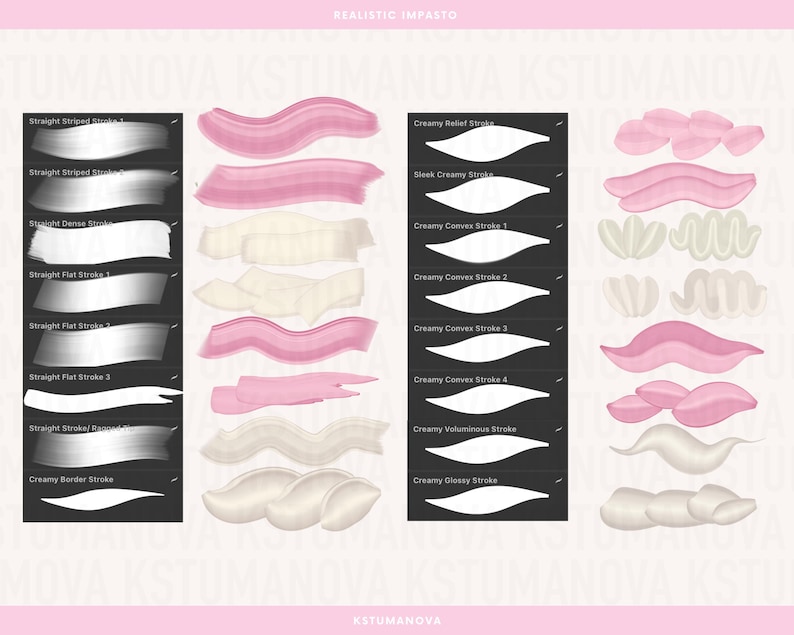 May include: Digital art brushes in various styles and colors. The image displays a collection of brush strokes, including straight, striped, flat, and border strokes. Colors include pink, white, and cream. The text "REALISTIC IMPASTO" and "KSTUMANOVA" are visible.