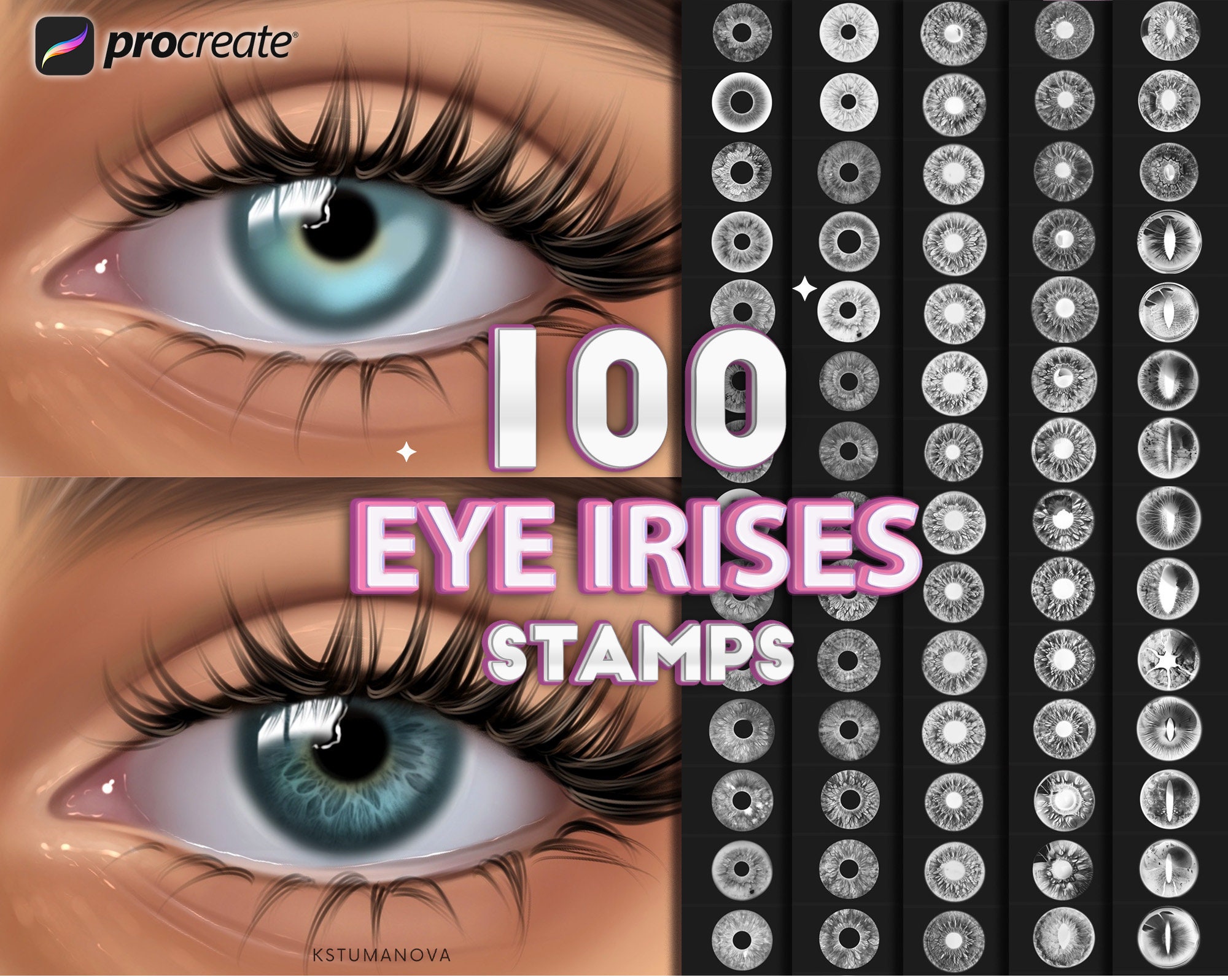 Pinceles sello de iris para Procreate – 100 sellos de iris realistas para iPad