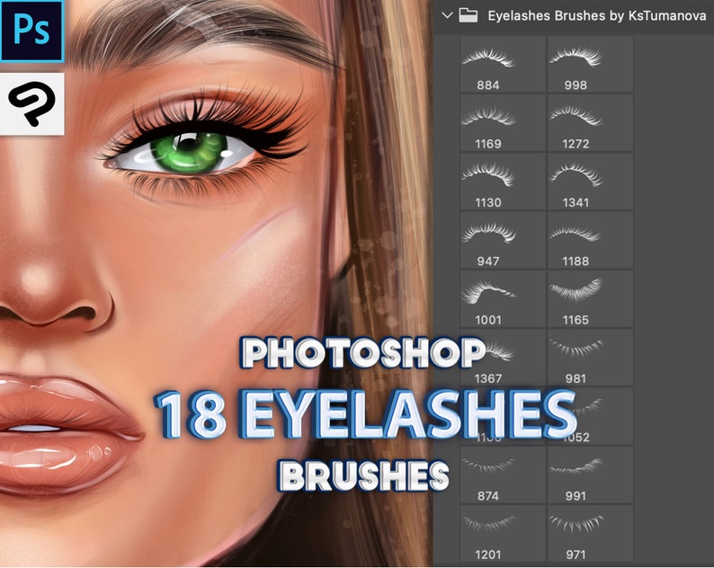 May include: A set of 18 Photoshop brushes for creating eyelashes. The brushes are shown in a grid with numbers next to each one. The text "PHOTOSHOP 18 EYELASHES BRUSHES" is at the bottom of the image.