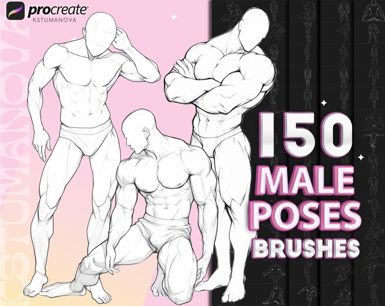 May include: Digital art product featuring three male figure sketches in various poses. The image includes the text "150 Male Poses Brushes" and the Procreate logo. The figures are drawn in a detailed, anatomical style, with a pink and black background.