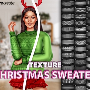 May include: A digital illustration of a woman wearing a green Christmas jumper with a reindeer pattern. The image includes a variety of different Christmas jumper patterns in black and white.