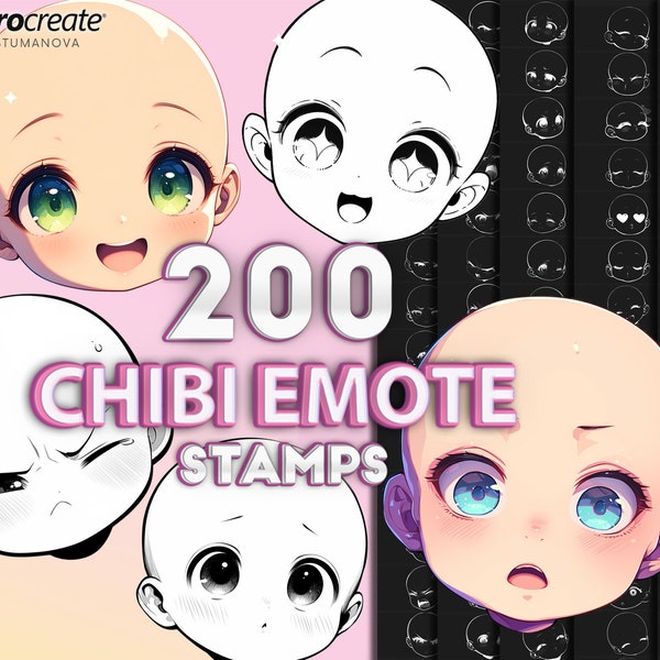 Procreate chibi emote brushes. Procreate chibi head stamps, chibi emotion face stamp. Procreate anime, manga brush