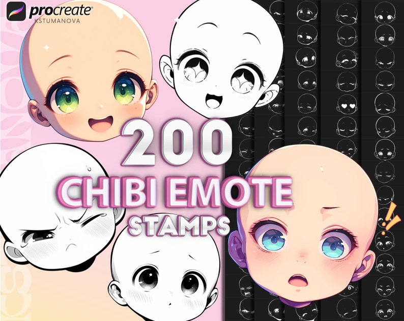 Pu&ograve; includere: Un set di 200 timbri digitali che presentano diverse espressioni di personaggi chibi. I timbri sono progettati per l'uso nell'arte digitale e nell'illustrazione. L'immagine mostra una variet&agrave; di espressioni, tra cui felice, triste, arrabbiato e sorpreso.