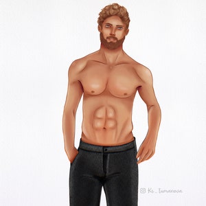 May include: A man with a beard and short, curly brown hair is wearing black trousers. He is shirtless and has a muscular physique.