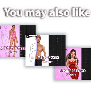 May include: Three digital art product listings for Procreate. The first listing is for 30 body pose stamps, the second is for men's poses brushes, and the third is for business logo stamps. Each listing features a pink or purple background with a black and white illustration of a person in a pose.
