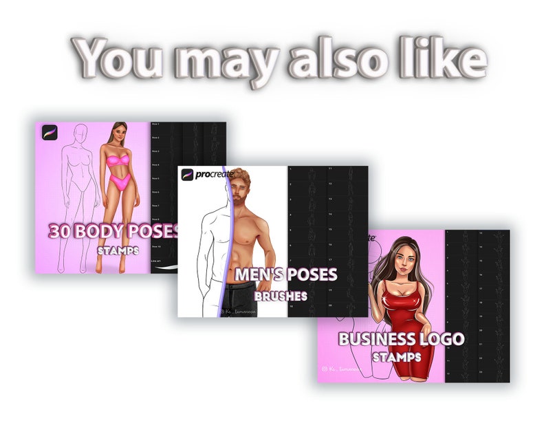 May include: Three digital art product listings for Procreate. The first listing is for 30 body pose stamps, the second is for men's poses brushes, and the third is for business logo stamps. Each listing features a pink or purple background with a black and white illustration of a person in a pose.