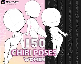 Procreate Chibi female poses. Procreate women's pose brushes. Procreate chibi body stamps. Procreate anime manga brush