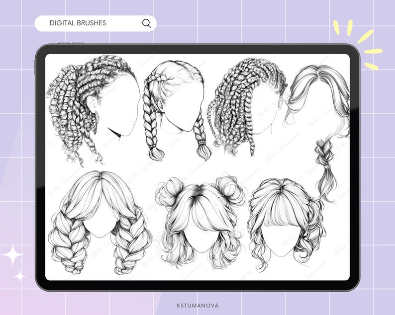 180+ Female Hair Photoshop Brushes, Procreate Hairstyle Stamps. CSP Digital Brush image 4