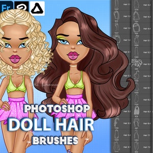 Photoshop hair brushes. Photoshop doll hairstyles. Doll character designs. Digital brushes for Clip Studio Paint, Fresco, Affinity Photo