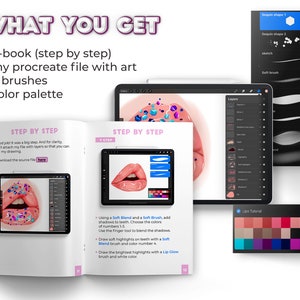 May include: A digital art tutorial for creating a pair of lips with sequins. The tutorial includes a step-by-step guide, a Procreate file, 8 brushes, and a color palette. The image shows a digital illustration of lips with sequins, a tablet screen displaying the Procreate app, and a color palette.
