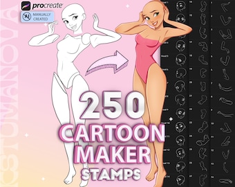 Procreate cartoon female character maker brushes. Procreate cartoon girl poses stamps. Procreate female body pose, head, hands brush stamp