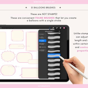 May include: A digital tablet screen displaying a webcomic layout kit with 51 balloon brushes. The interface shows various pink speech bubble frames and a brush selection menu. Text states these are frame brushes, not stamps, for single strokes.