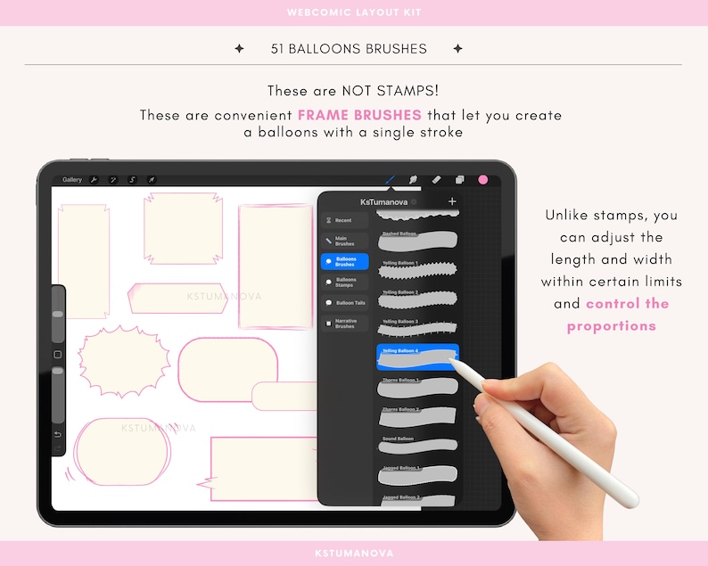 May include: A digital tablet screen displaying a webcomic layout kit with 51 balloon brushes. The interface shows various pink speech bubble frames and a brush selection menu. Text states these are frame brushes, not stamps, for single strokes.