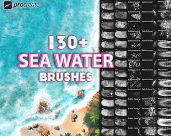 May include: Digital art brushes for Procreate, featuring sea water effects. The image displays a variety of brush styles, including bubble brushes, splash stamps, and wave brushes. The text reads "130+ SEA WATER BRUSHES" with a coastal background.