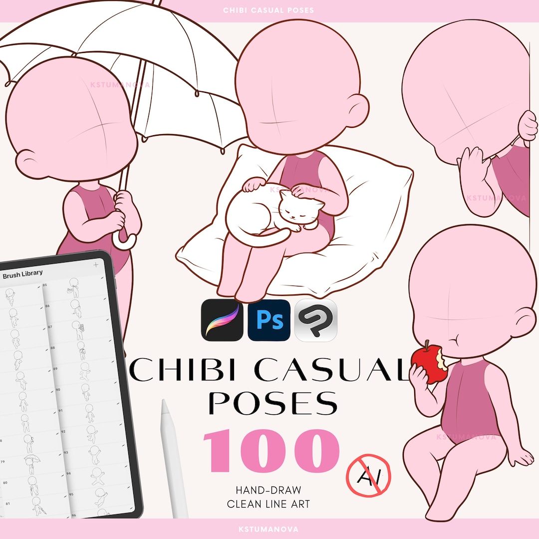 Chibi Poses Procreate Stamps, Chibi Casual Body Pose Brushes for ...