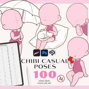 Può includere: Set di arte digitale con personaggi chibi in varie pose casuali. L'immagine include un tablet con una libreria di pennelli, uno stilo e il testo "CHIBI CASUAL POSES 100". I personaggi sono rosa e bianchi.
