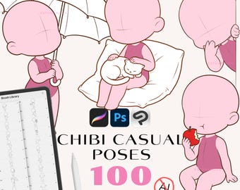 Chibi Posen Procreate Stempel, Chibi Casual Body Pose Pinsel für Photoshop, Clip Studio Paint