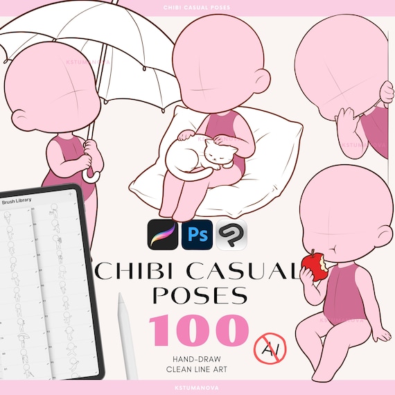 Chibi poses Procreate stamps, Chibi casual body pose brushes for Photoshop, Clip Studio Paint