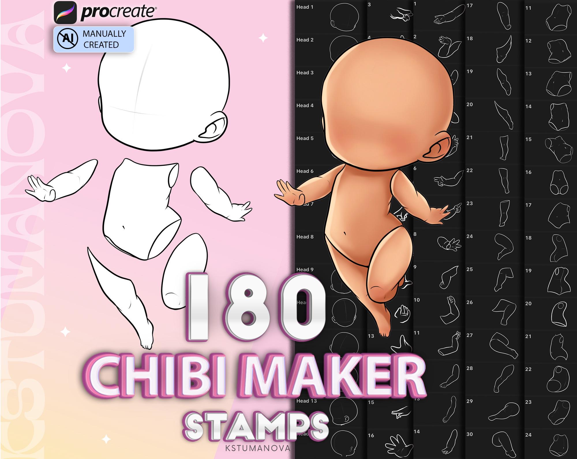 Procreate Chibi Maker – Set de pinceles con más de 180 sellos de cabeza, cuerpo, manos y piernas para iPad (estilo anime y manga)