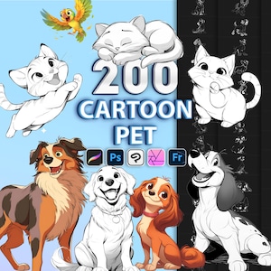 Photoshop cartoon pet brushes. Procreate cartoon pet stamps. Procreate cartoon cute dog, cat brushes stamp. Clip studio paint animal brushes