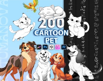 Photoshop cartoon pet brushes. Procreate cartoon pet stamps. Procreate cartoon cute dog, cat brushes stamp. Clip studio paint animal brushes
