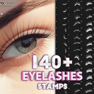 Könnte beinhalten: Eine digitale Illustration einer Nahaufnahme eines Auges mit Wimpern. Das Bild enthält einen Satz von über 140 Wimpernstempeln für digitale Kunst.