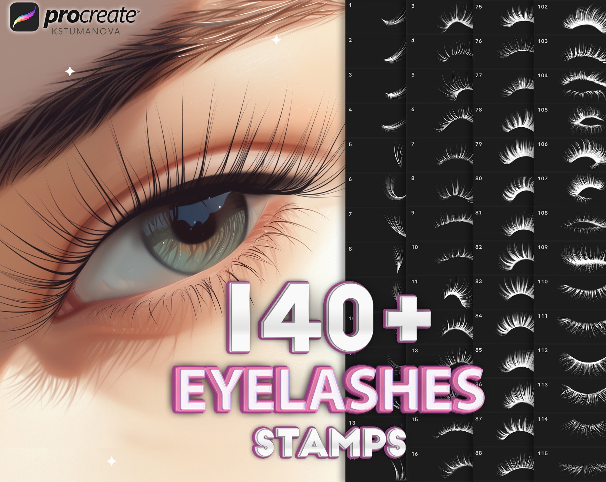 Procreate Eyelashes Stamp Brushes — 140+ Eye & Makeup Lash Stamps for iPad