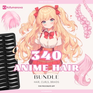Puede incluir: Ilustración digital de un personaje de anime con cabello rubio y lazos rojos. La imagen muestra el texto "340 ANIME HAIR BUNDLE" y "HAIR, CURLS, BRAIDS FOR PROCREATE APP". Incluye ejemplos de peinados.